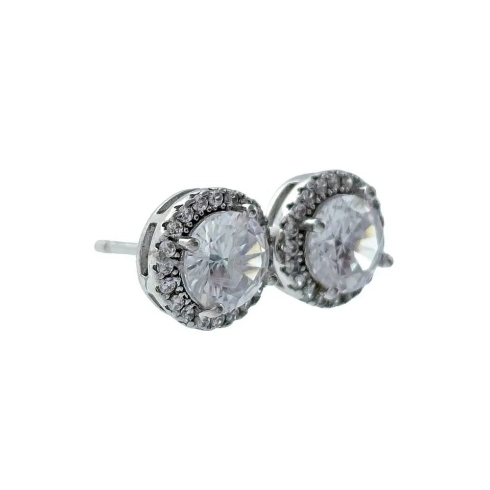 Vintage Sterling Silver Cubic Zirconia Halo Stud Earrings